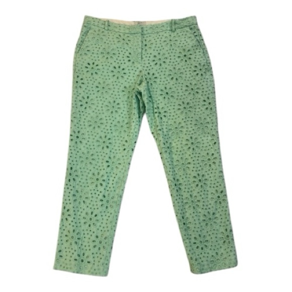 J. Crew Mint Green Cafe Capri Embroidered Eyelet Pants Size 12 Tall
